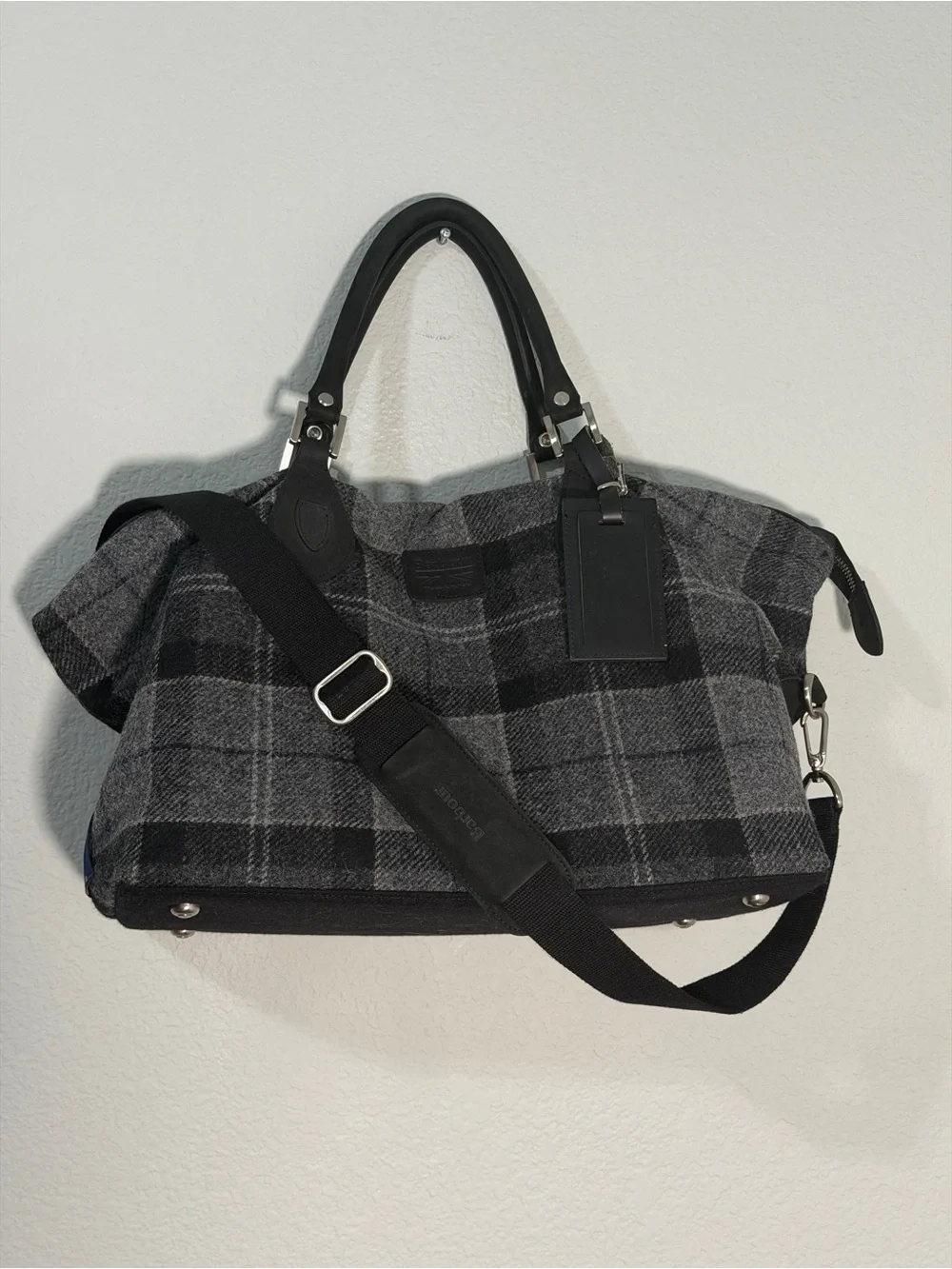 Barbour Shadow Tartan Explorer Gray Plaid Weekender Bag with Black Leather Trim